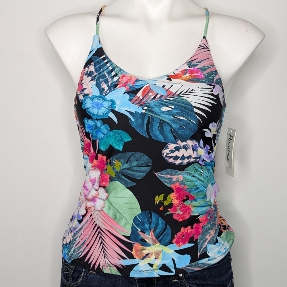 NWT Raisins colorful blue black tropical floral tankini bikini top S